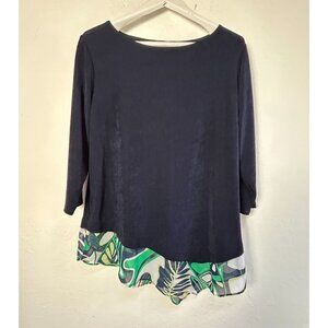 Chico's Travelers Womens Navy Blue 3/4 Sleeve Tunic Top Leaf Print Hem Size 2